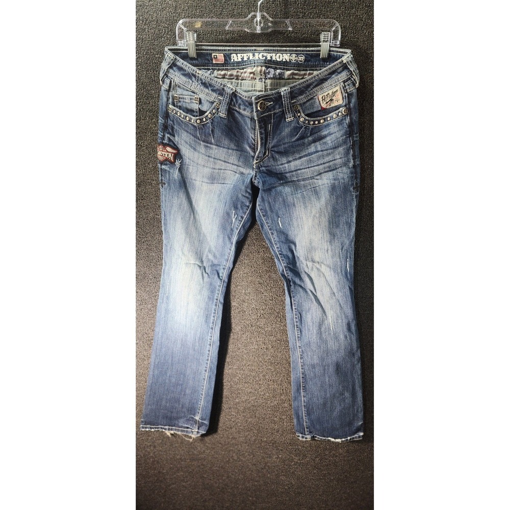 Y2K Affliction Mens Bootcut Distressed Studded Jeans Blue Size 32